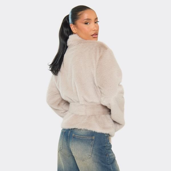 EGO Collared Tie Waist Detail Jacket In Stone Soft Faux Fur, Women's Size UK Large L - 2