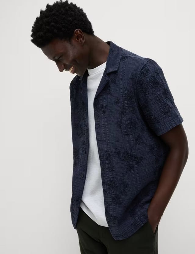 Marks & Spencer M&S Pure Cotton Seersucker Shirt Navy - 2