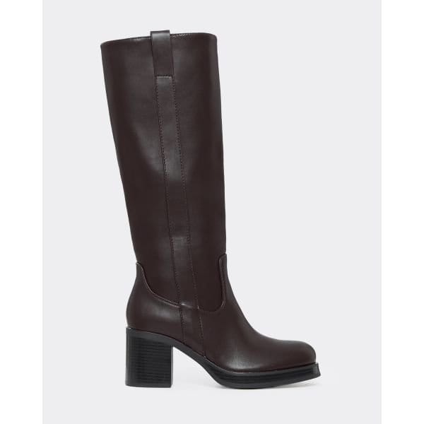 EGO Checker Side Panel Detail Block Heel Knee High Boot In Brown Faux Leather, Women's Size UK 7 - 2