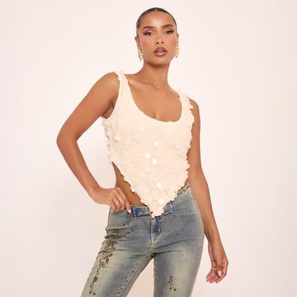 EGO Halterneck Sequin Detail Pointed Hem Top In Cream, Women's Size UK 6