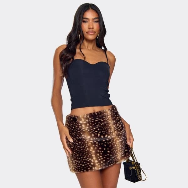 EGO Mid Rise Mini Skirt In Brown Bambi Faux Fur, Women's Size UK 4