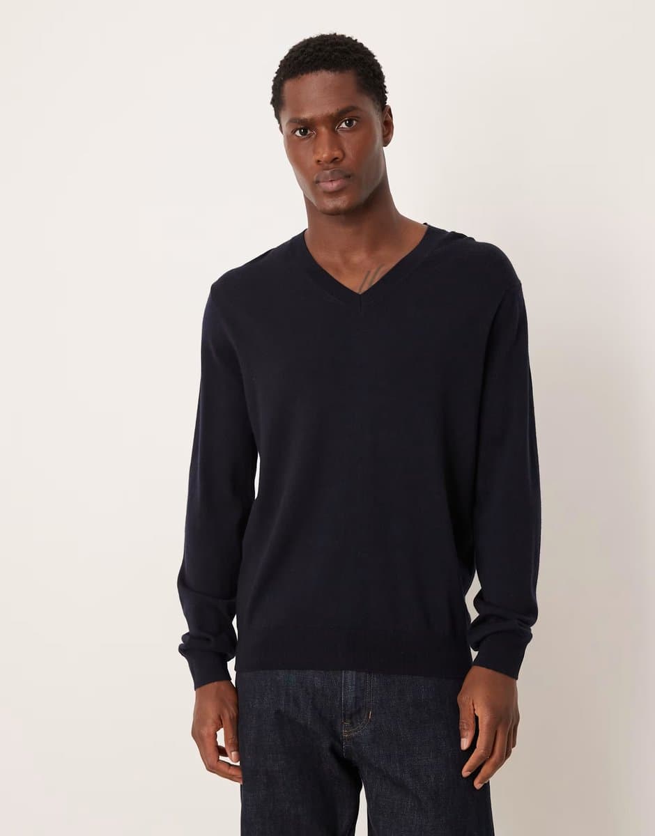 ASOS Mango 100% wool v-neck lightweight knitted top in navy
