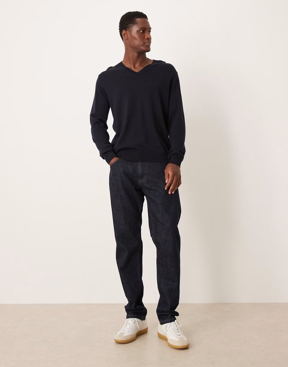 ASOS Mango 100% wool v-neck lightweight knitted top in navy - 2