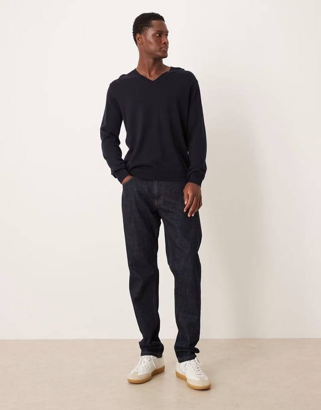 ASOS Mango 100% wool v-neck lightweight knitted top in navy - 2