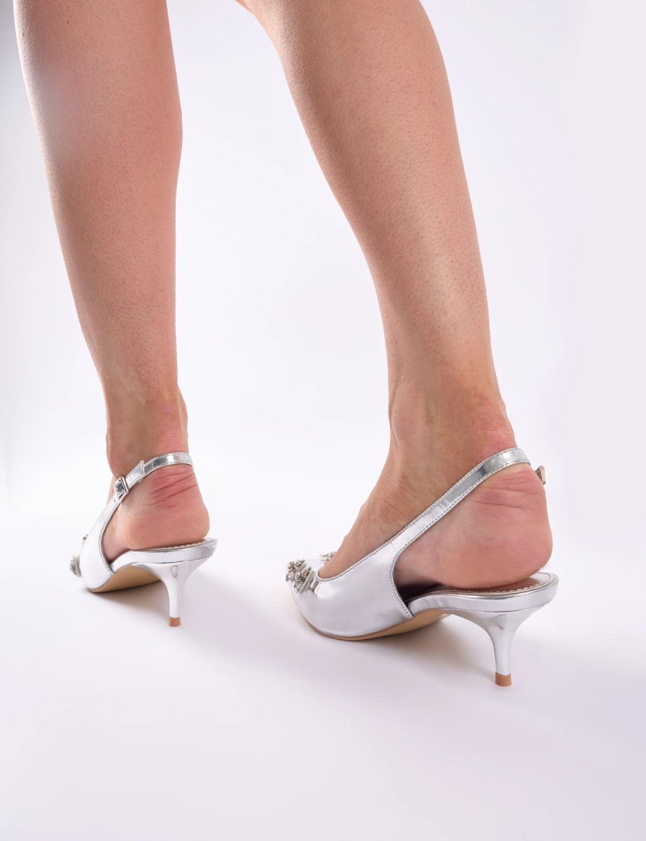 Public Desire Kyle Silver Floral Embellishment Silver Mirror Slingback Kitten Heel Court Shoes - 4