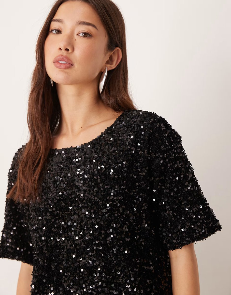 ASOS Vila sequin & velour t-shirt co-ord in black - 2