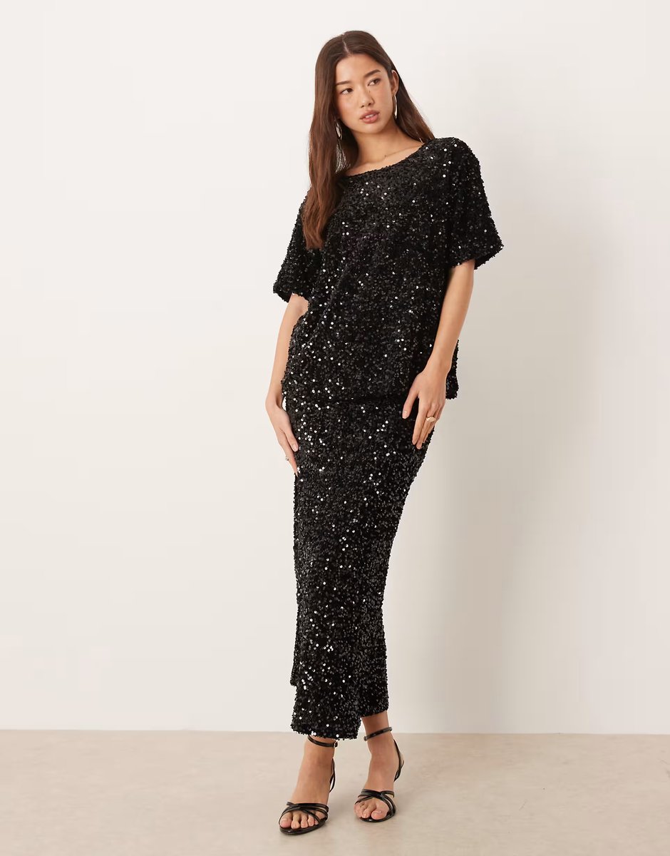 ASOS Vila sequin & velour t-shirt co-ord in black - 3