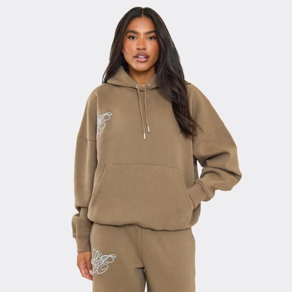 EGO Graphic Detail Oversized Hoodie In Olive Green, Women's Size UK 6 - 1