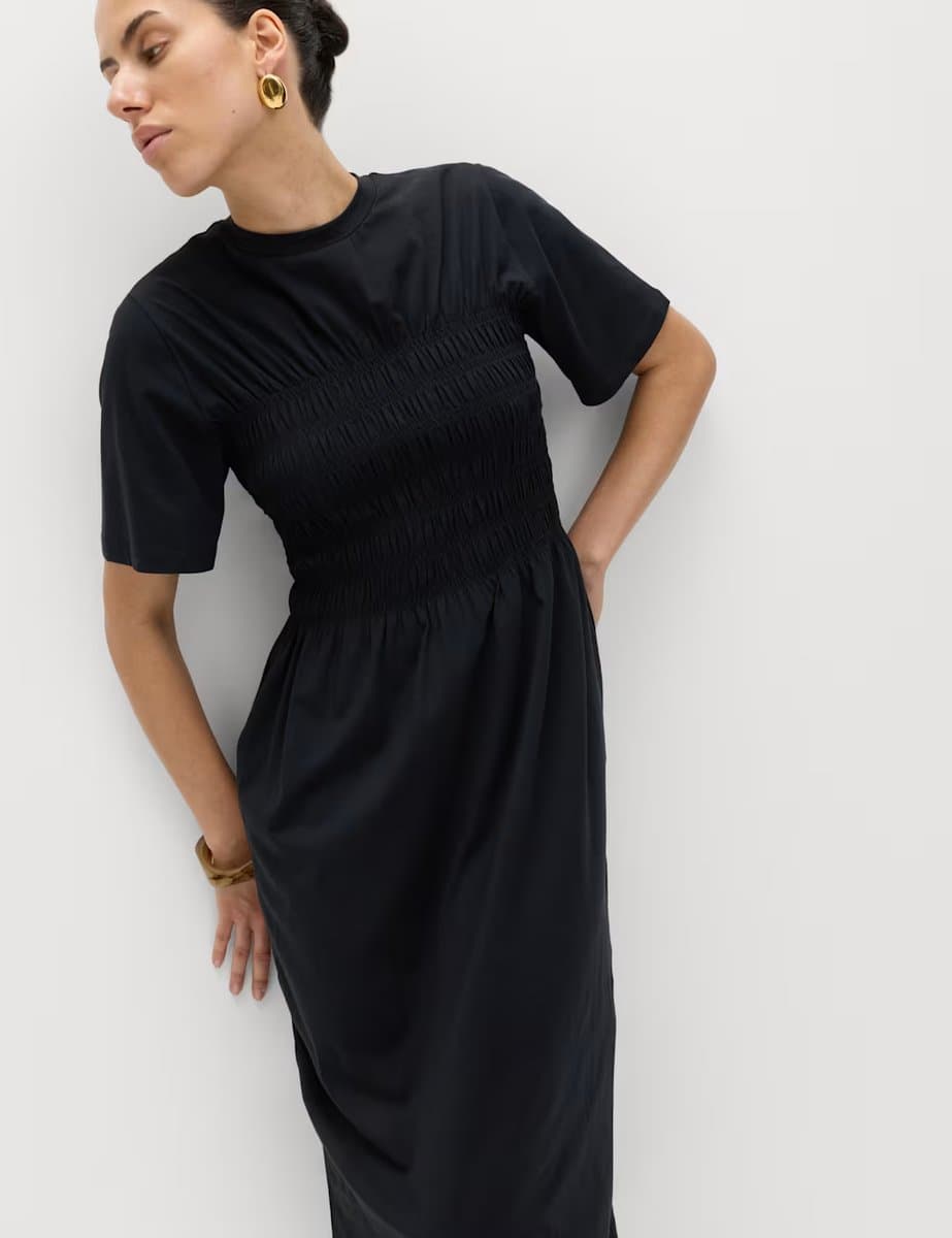 Marks & Spencer M&S Cotton Rich Shirred Midi T-Shirt Dress Black