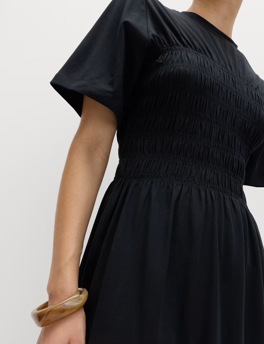 Marks & Spencer M&S Cotton Rich Shirred Midi T-Shirt Dress Black - 2