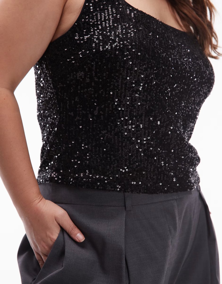 ASOS ASOS DESIGN Curve allover sequin square neck top in black - 3