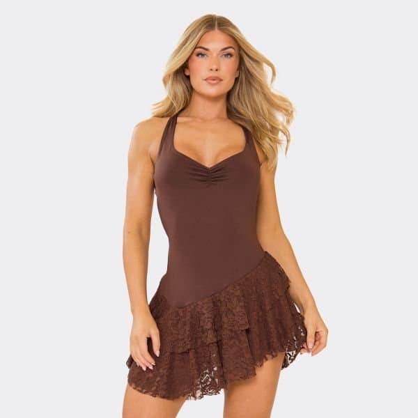 EGO EGO Sweetheart Neck Ruched Bust Dress in Chocolate Brown