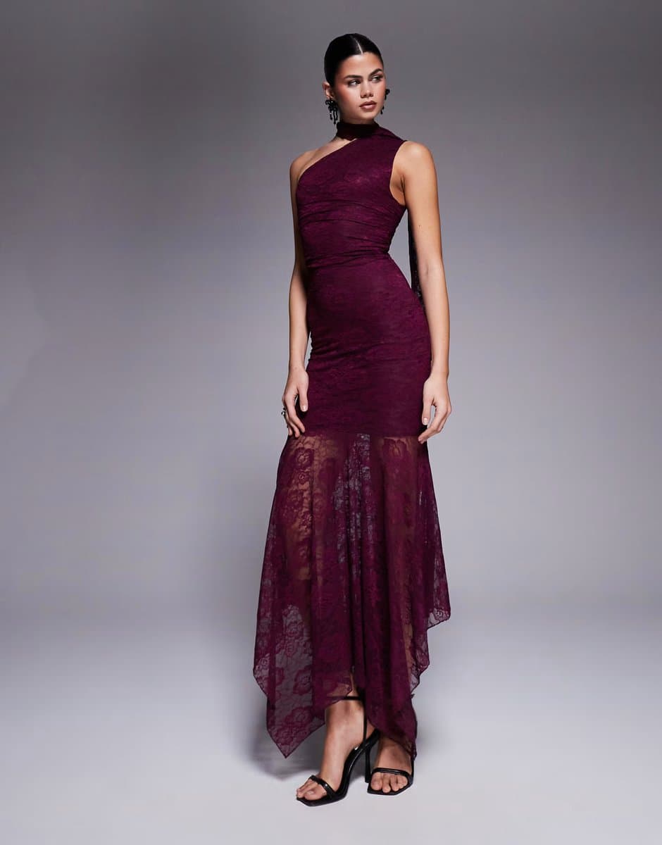 ASOS Kaiia exclusive slinky lace asymmetric scarf detail sheer hem maxi dress in dark cherry