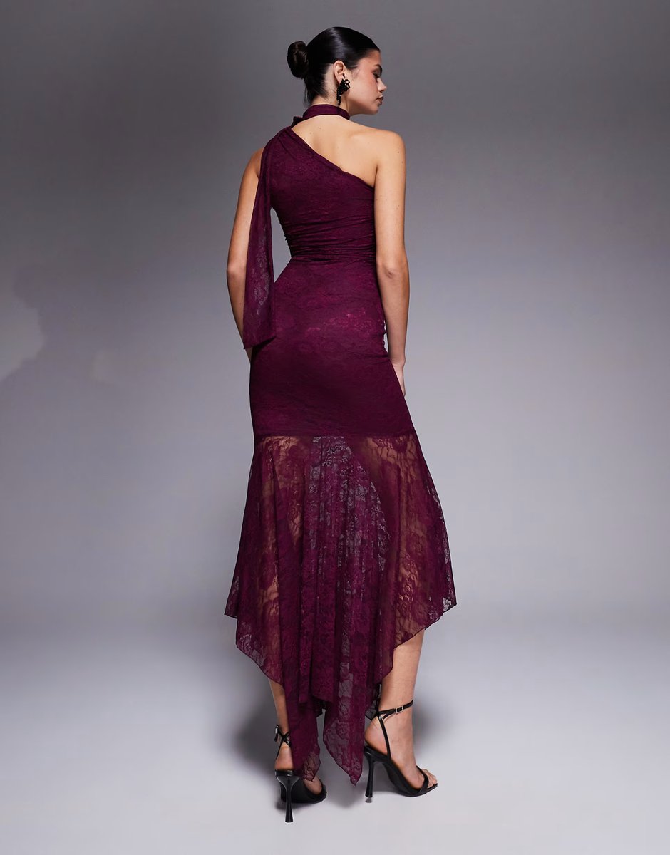 ASOS Kaiia exclusive slinky lace asymmetric scarf detail sheer hem maxi dress in dark cherry - 3