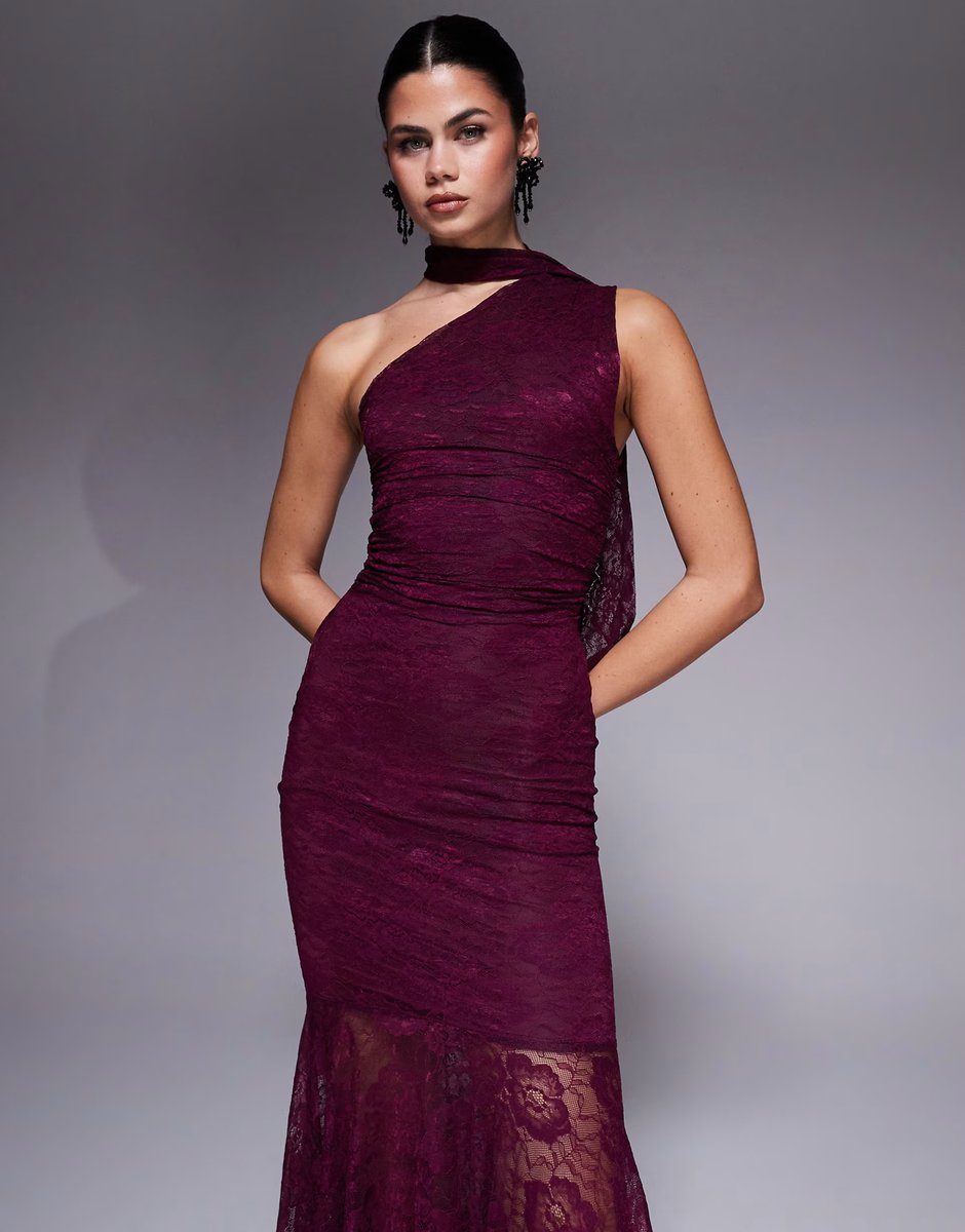 ASOS Kaiia exclusive slinky lace asymmetric scarf detail sheer hem maxi dress in dark cherry - 4