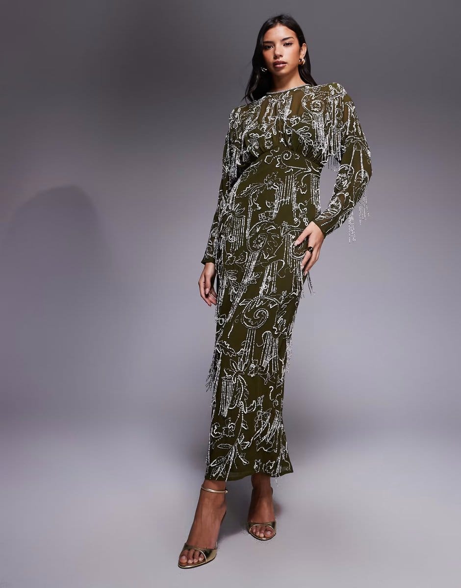 ASOS ASOS DESIGN long sleeve all over fringe embellished maxi dress in khaki - 1