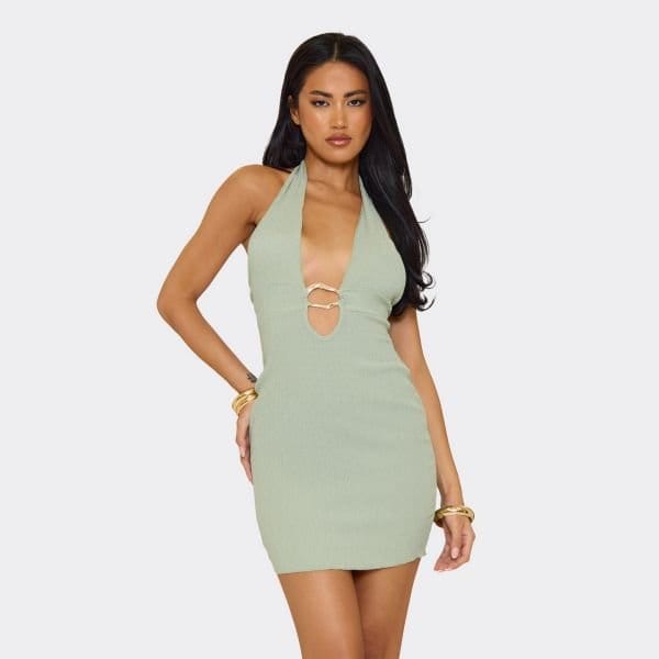 EGO Halterneck Trim Detail Bodycon Mini Dress In Green Textured, Women's Size UK 8 - 1