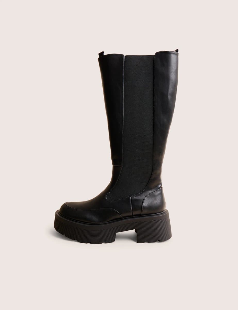 Public Desire Public Desire UK Chunky Heeled Wide Fit Knee High Boots in Black