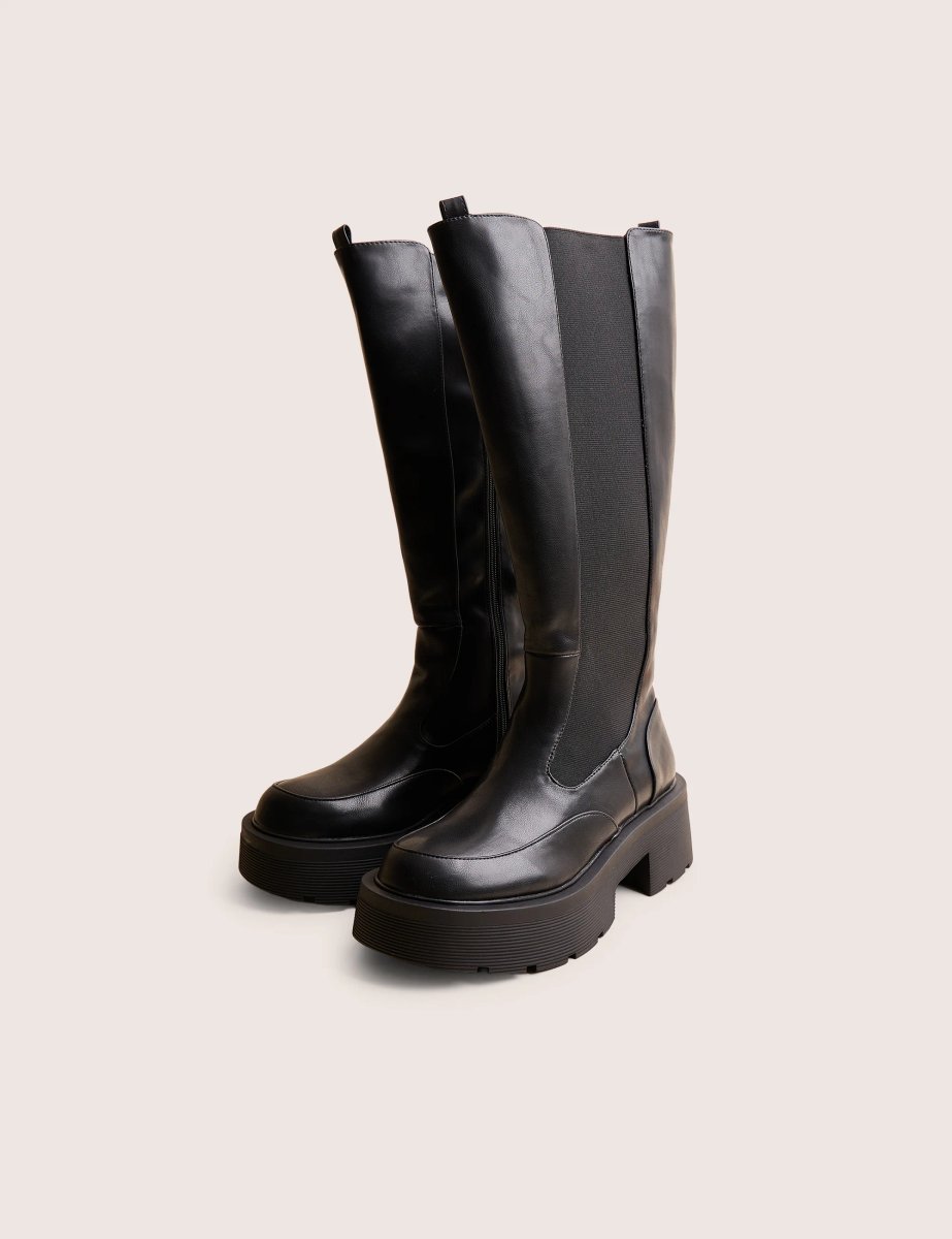 Public Desire Evergreen Black Pu Wide Fit Knee High Elasticated Detail Chunky Heeled Sole Boots - 2