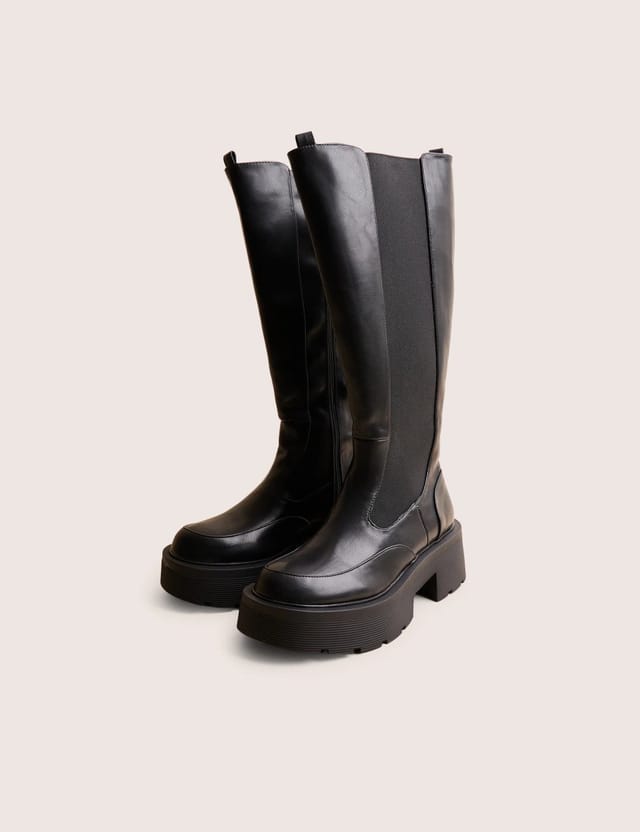 Public Desire Evergreen Black Pu Wide Fit Knee High Elasticated Detail Chunky Heeled Sole Boots - 2