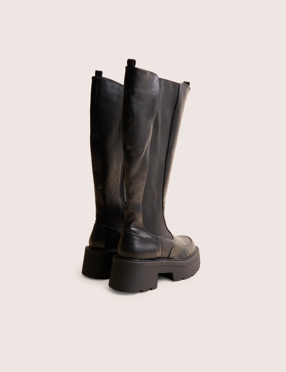 Public Desire Evergreen Black Pu Wide Fit Knee High Elasticated Detail Chunky Heeled Sole Boots - 3