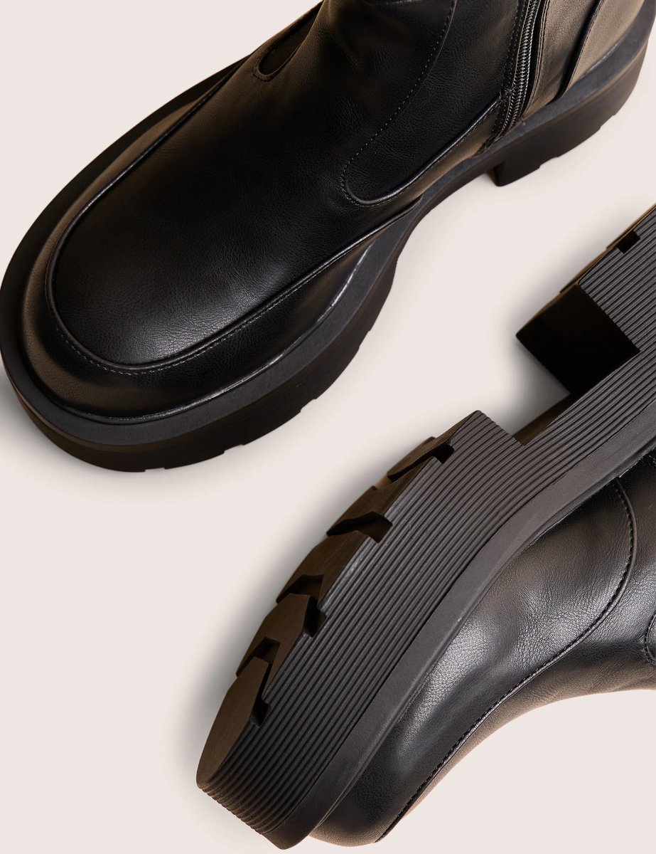 Public Desire Evergreen Black Pu Wide Fit Knee High Elasticated Detail Chunky Heeled Sole Boots - 4