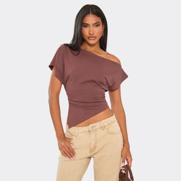 EGO Slash Neck Asymmetric Dipped Hem T-Shirt In Chocolate Brown, Women's Size UK 6