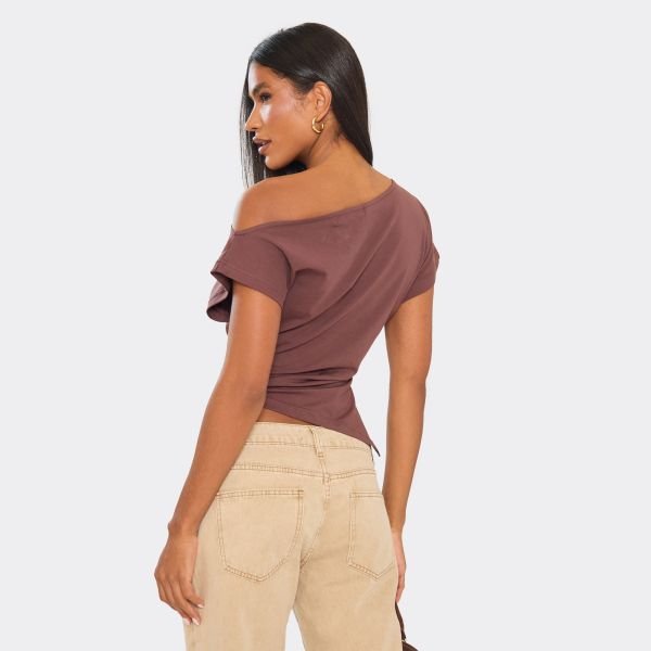 EGO Slash Neck Asymmetric Dipped Hem T-Shirt In Chocolate Brown, Women's Size UK 6 - 2