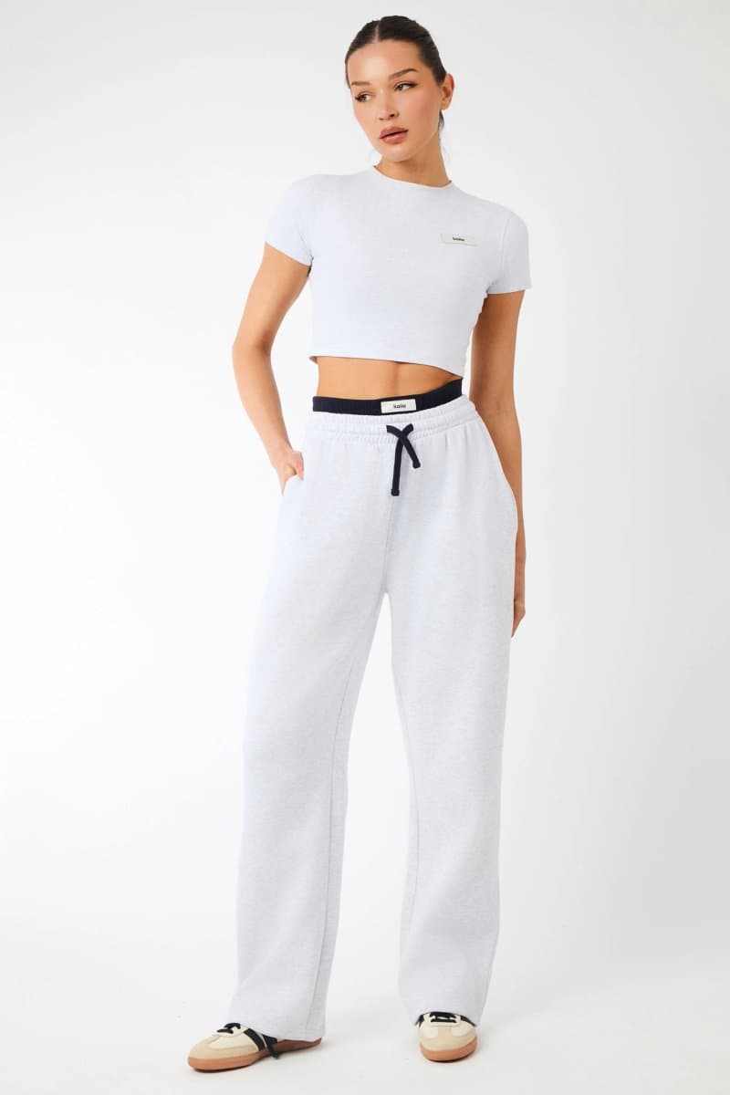 Kaiia Kaiia Label Logo Exposed Waistband Wide Leg Joggers Light Grey Marl