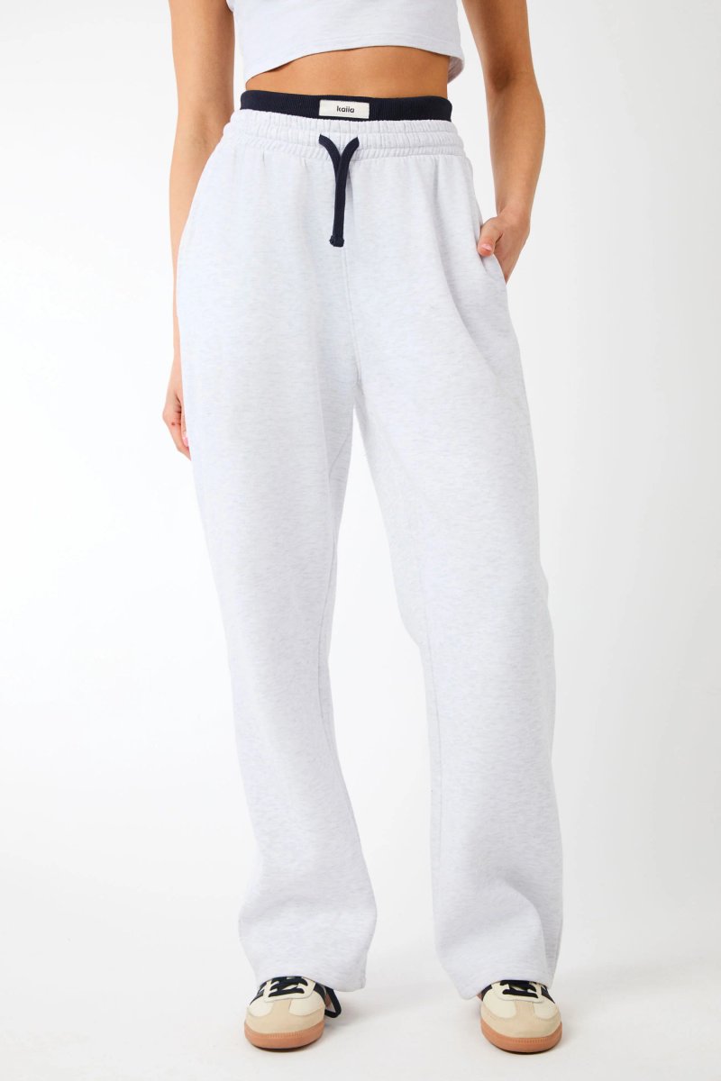 Kaiia Kaiia Label Logo Exposed Waistband Wide Leg Joggers Light Grey Marl - 2