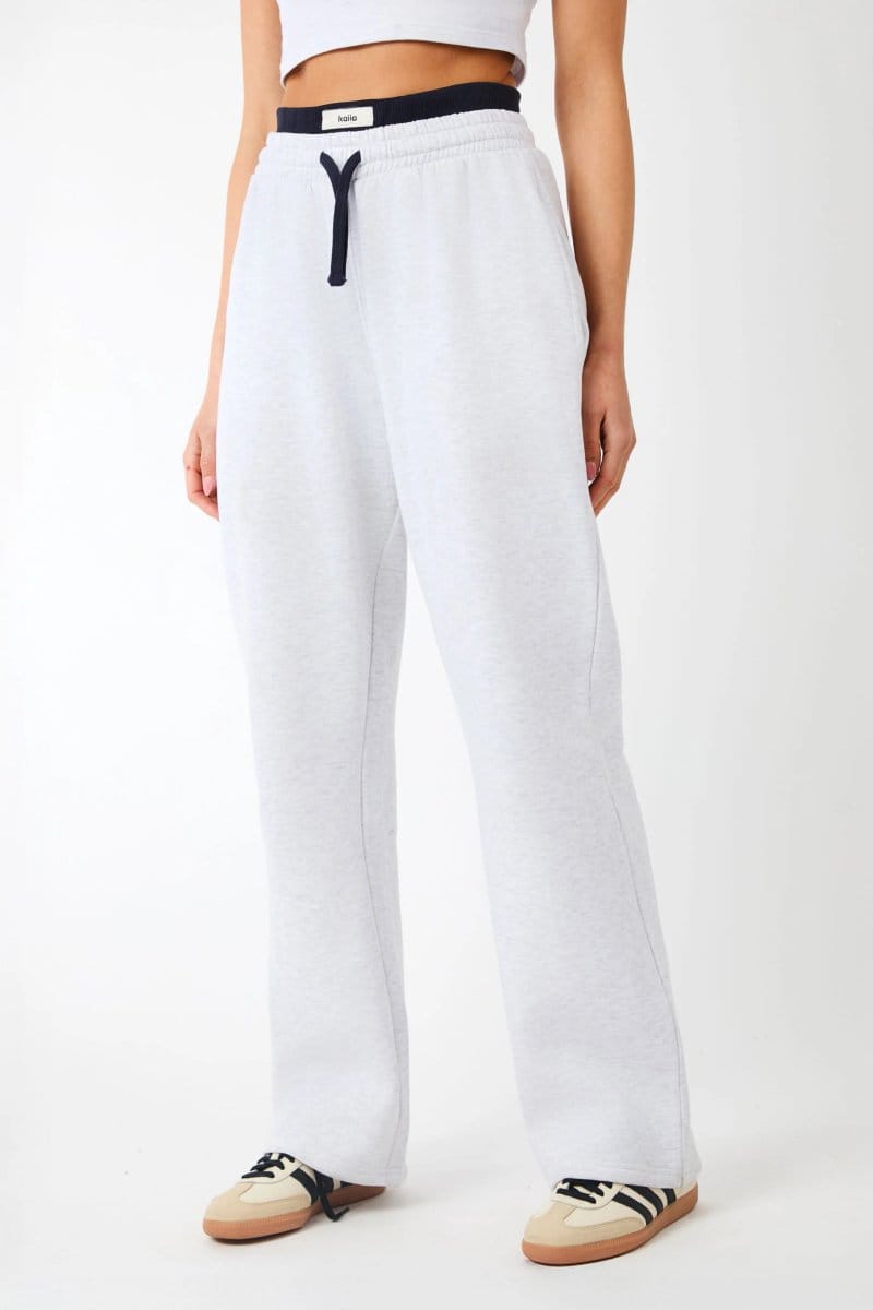 Kaiia Kaiia Label Logo Exposed Waistband Wide Leg Joggers Light Grey Marl - 4