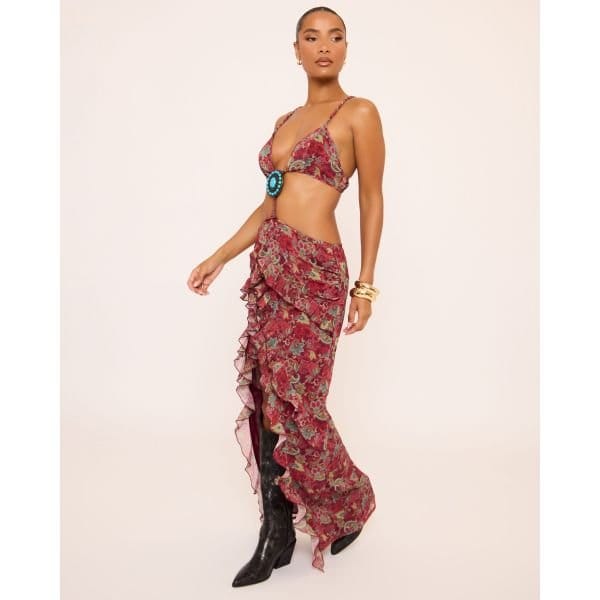 EGO Plunge Neck Cut Out Detail Frilled Maxi Dress In Burgundy Paisley Print, Women's Size UK 4 - 2