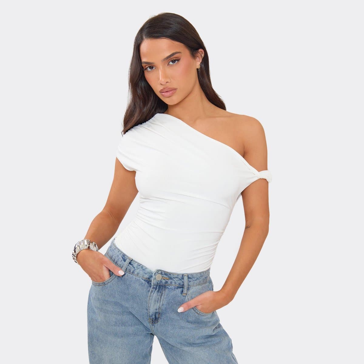 EGO Asymmetric Twist Detail Bodysuit In White, Women's Size UK 6