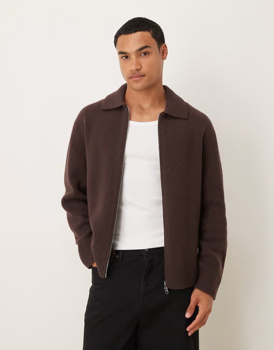 ASOS ARKET oversized cardigan with zip front in brown