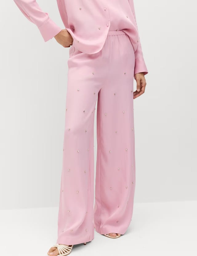 Marks & Spencer M&S Satin Embellished Relaxed Straight Trousers Pink - 2