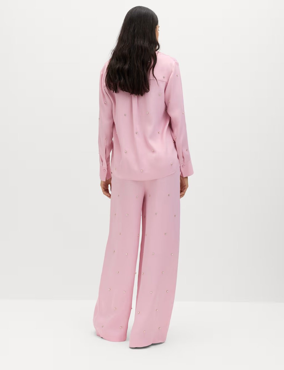 Marks & Spencer M&S Satin Embellished Relaxed Straight Trousers Pink - 3