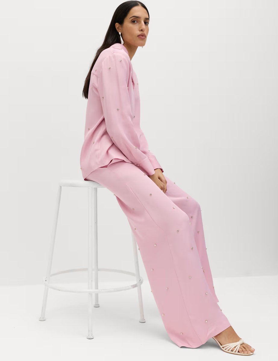Marks & Spencer M&S Satin Embellished Relaxed Straight Trousers Pink - 4