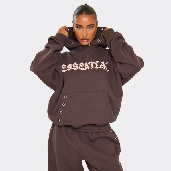 EGO Eyelet Detail Graphic Hoodie In Chocolate, Women's Size UK 4
