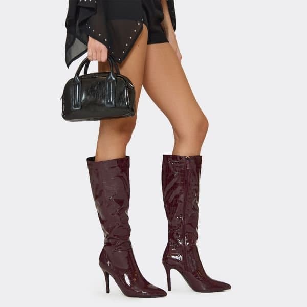 EGO Avery Pointed Toe Stiletto Heel Knee High Long Boot In Burgundy Croc Print Patent, Women's Size UK 3