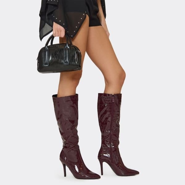 EGO Avery Pointed Toe Stiletto Heel Knee High Long Boot In Burgundy Croc Print Patent, Women's Size UK 3 - 1