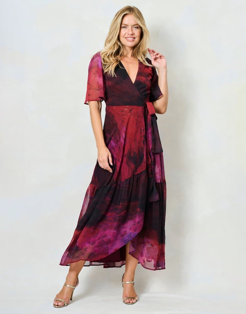 ASOS Hope & Ivy The gaia flutter sleeve maxi wrap dress with tie waist in pink multi