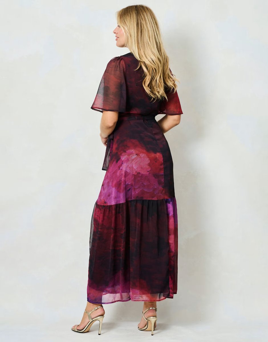 ASOS Hope & Ivy The gaia flutter sleeve maxi wrap dress with tie waist in pink multi - 2