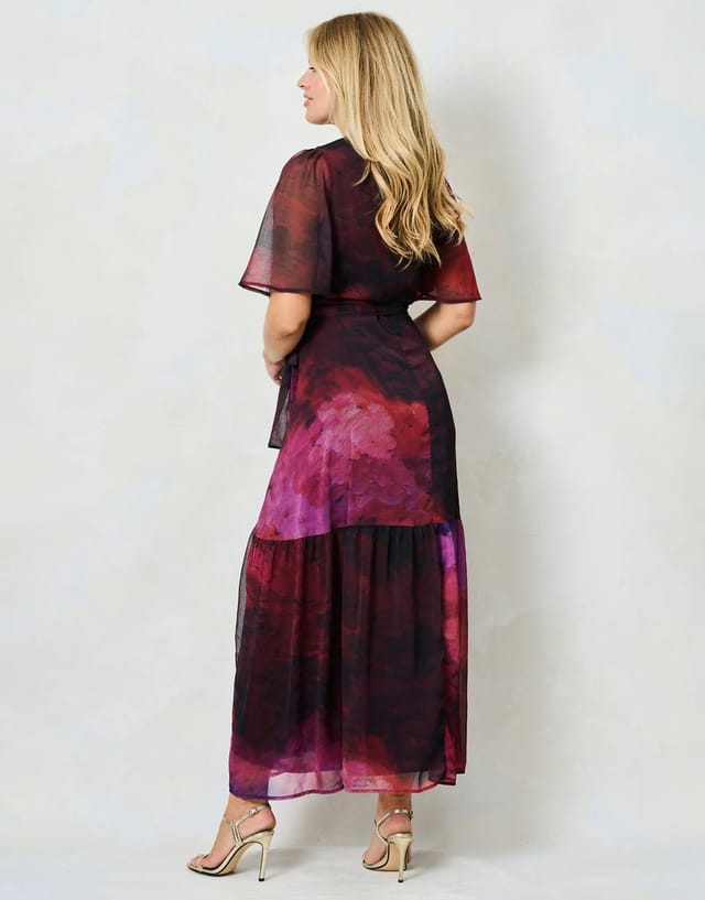 ASOS Hope & Ivy The gaia flutter sleeve maxi wrap dress with tie waist in pink multi - 2