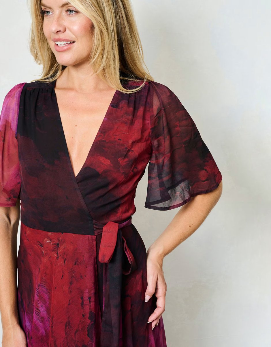 ASOS Hope & Ivy The gaia flutter sleeve maxi wrap dress with tie waist in pink multi - 3