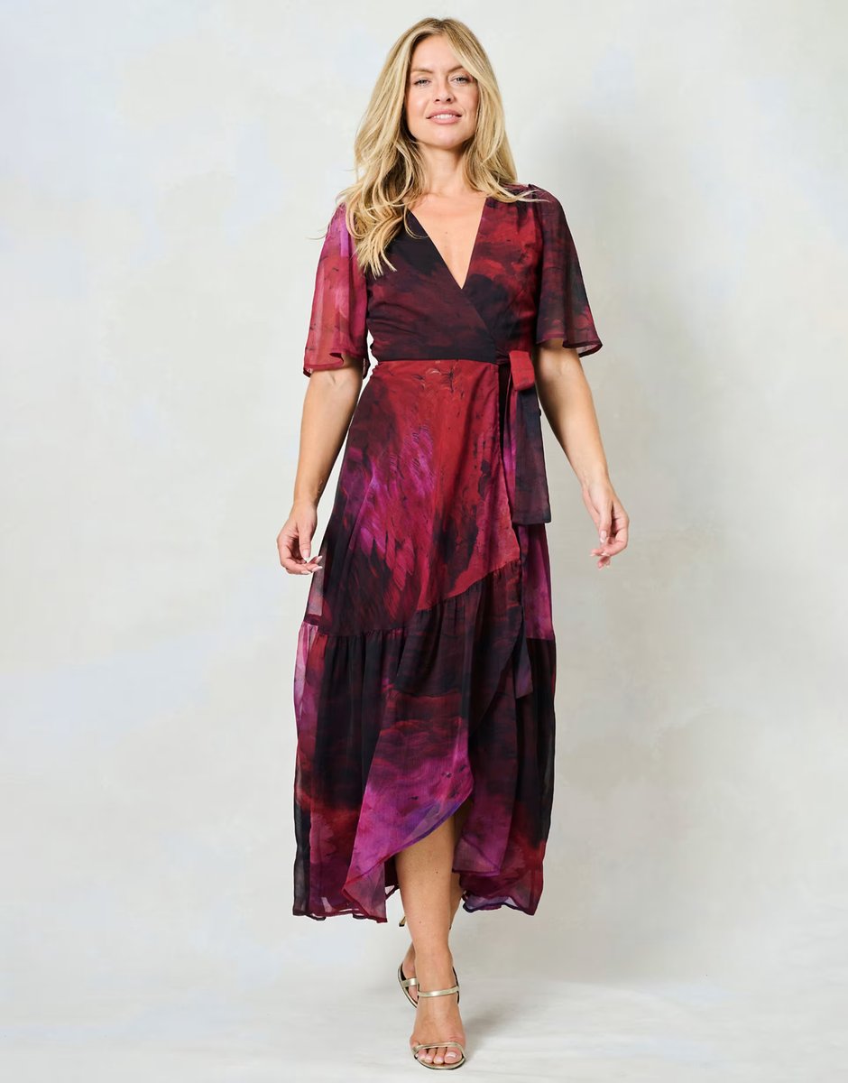 ASOS Hope & Ivy The gaia flutter sleeve maxi wrap dress with tie waist in pink multi - 4