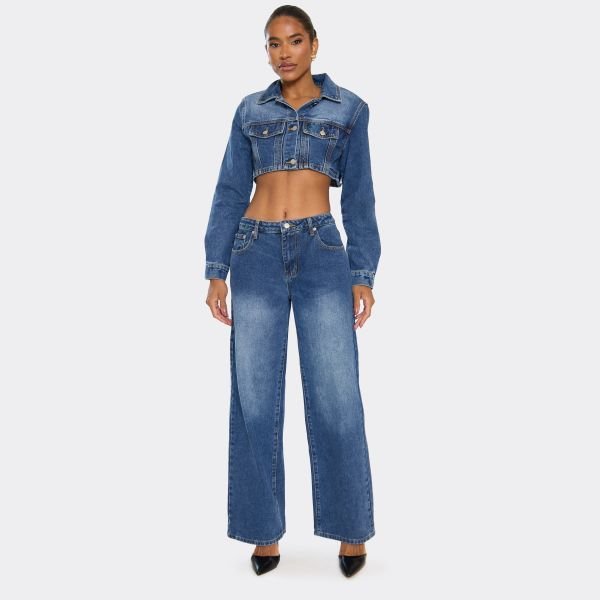 EGO Low Rise Wide Leg Fit Jeans In Blue Wash Denim, Women's Size UK 10 - 2