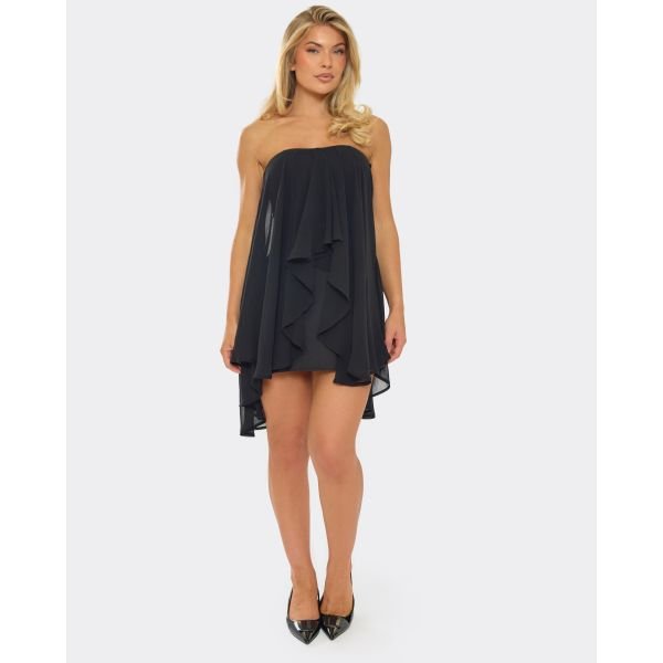 EGO Bandeau Draped Frill Detail Floaty Mini Dress In Black, Women's Size UK Medium M - 2