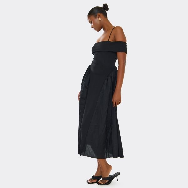 EGO Bardot Strap Detail Rib Panel Skater Midi Dress In Black, Women's Size UK Large L - 2