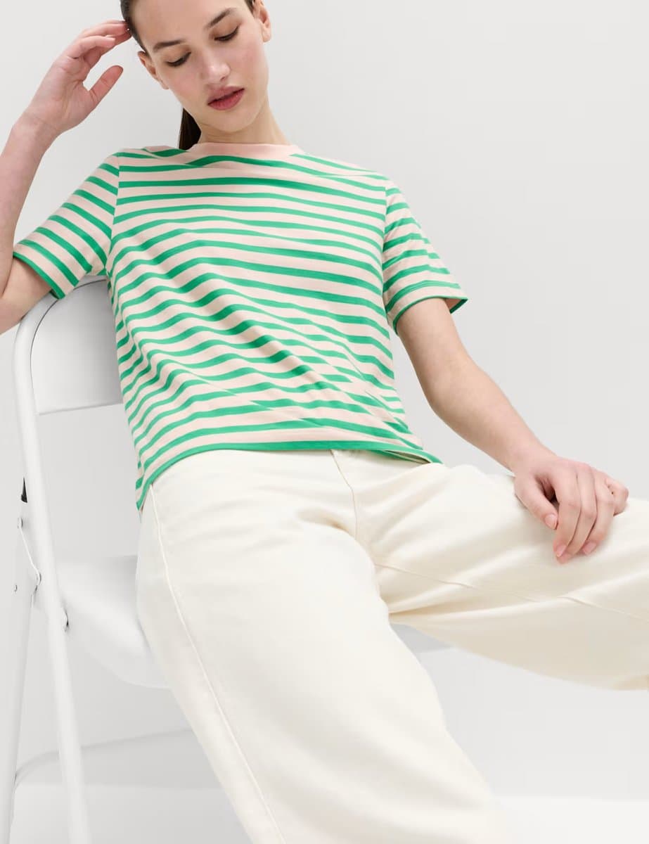 Marks & Spencer M&S Classic Striped Everyday Fit T-Shirt in Light Green