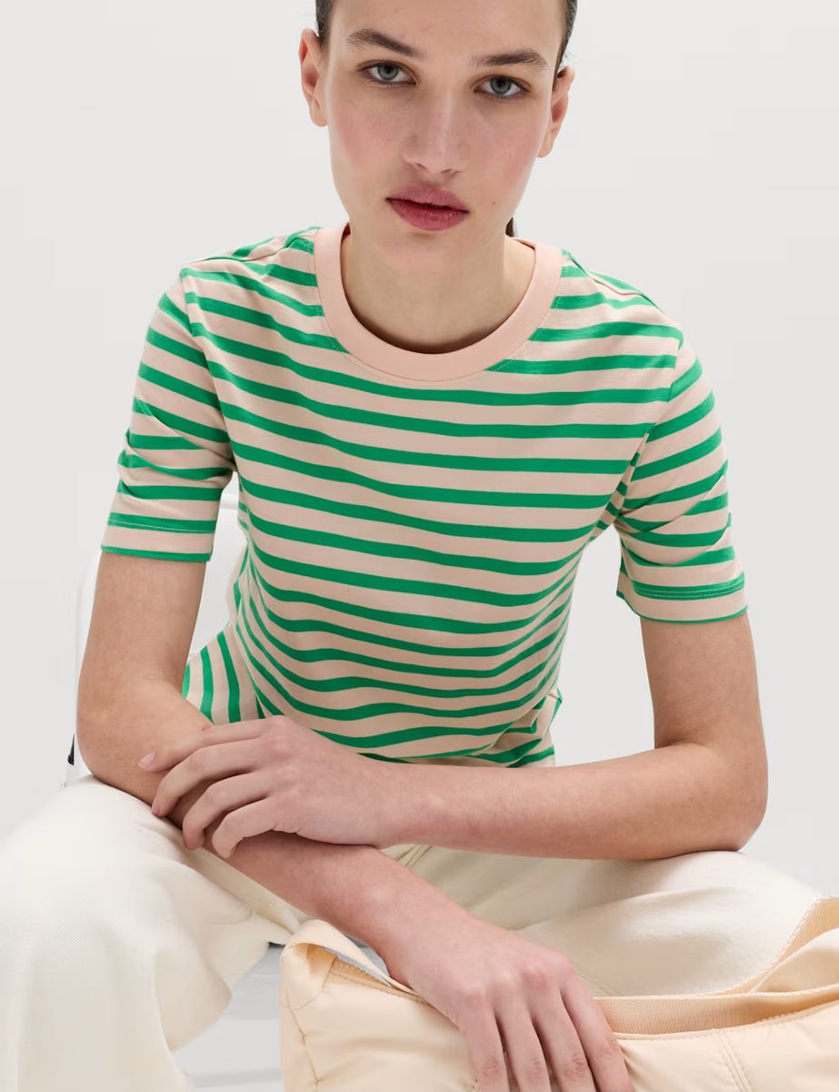 Marks & Spencer M&S Pure Cotton Striped Everyday Fit T-Shirt Light Green - 2